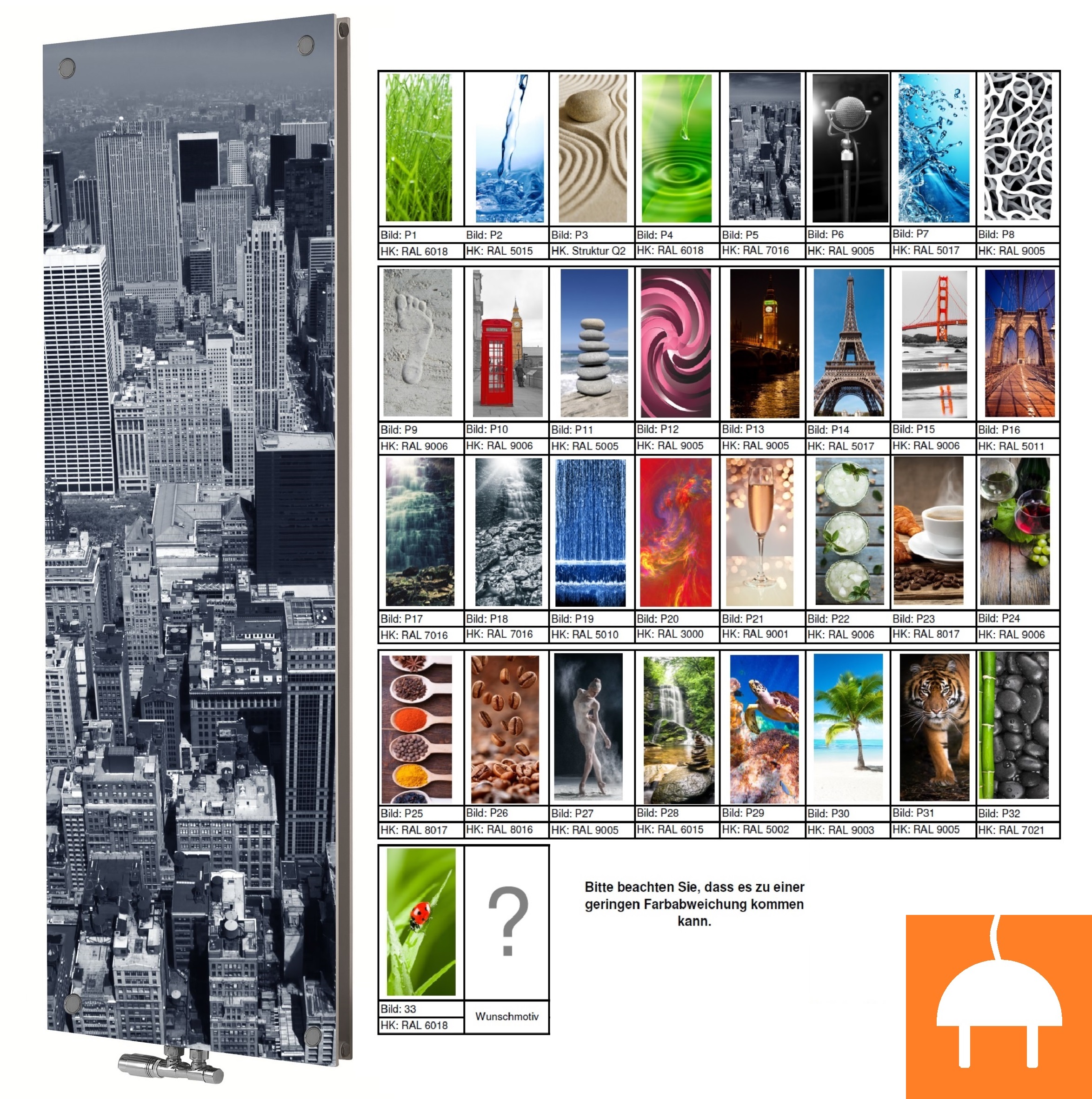 Corpotherma Elektro Plattenheizkörper Panio Crystal, Glas mit Wunschbild, komplett m. Heizstab